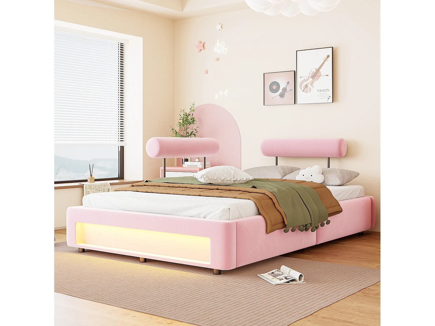 Lit rembourré 140 x 200 cm – Dossier réglable sur 4 niveaux – Avec éclairage LED – rose (matelas non inclus)