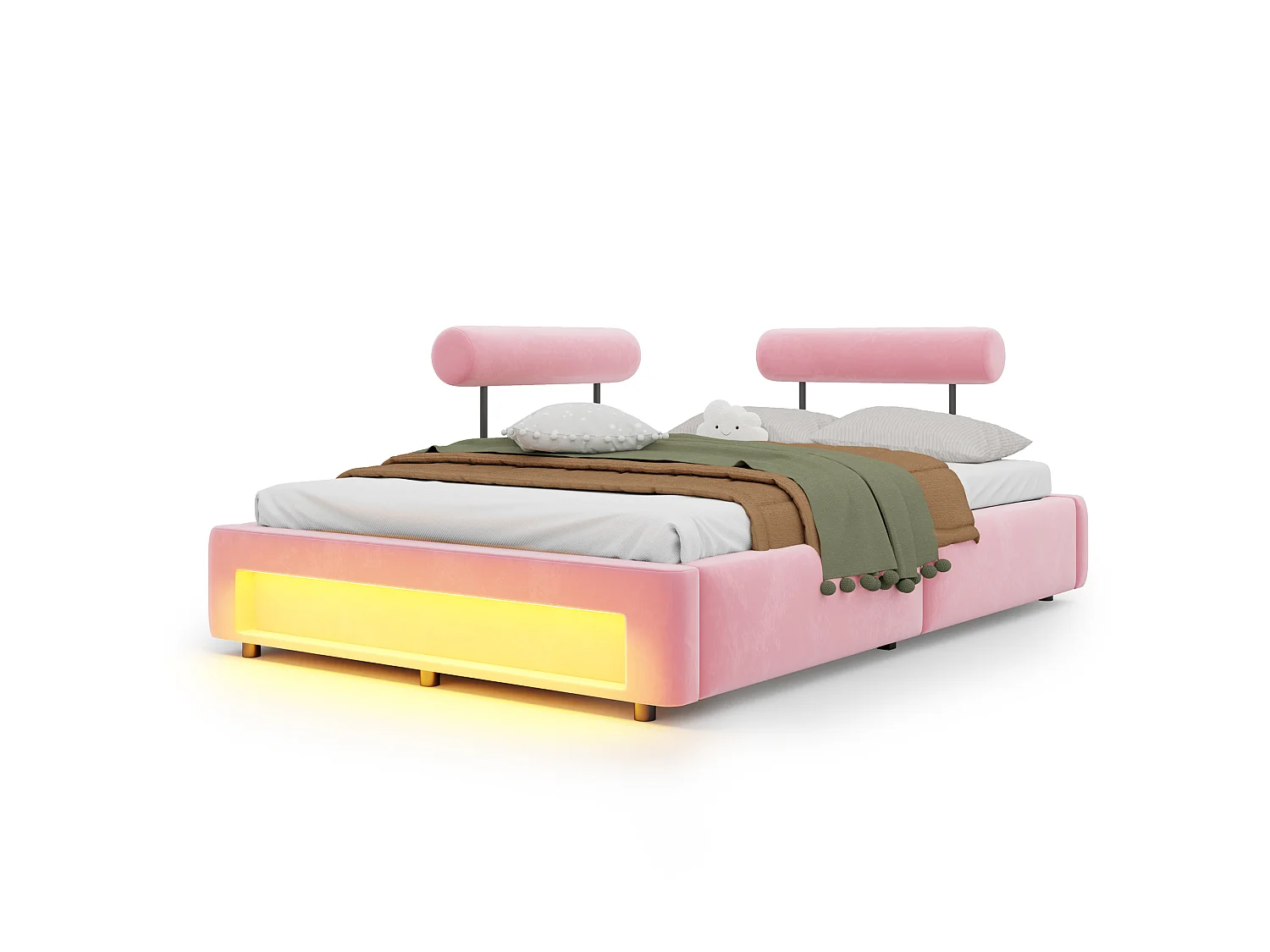 Lit rembourré 140 x 200 cm – Dossier réglable sur 4 niveaux – Avec éclairage LED – rose (matelas non inclus)