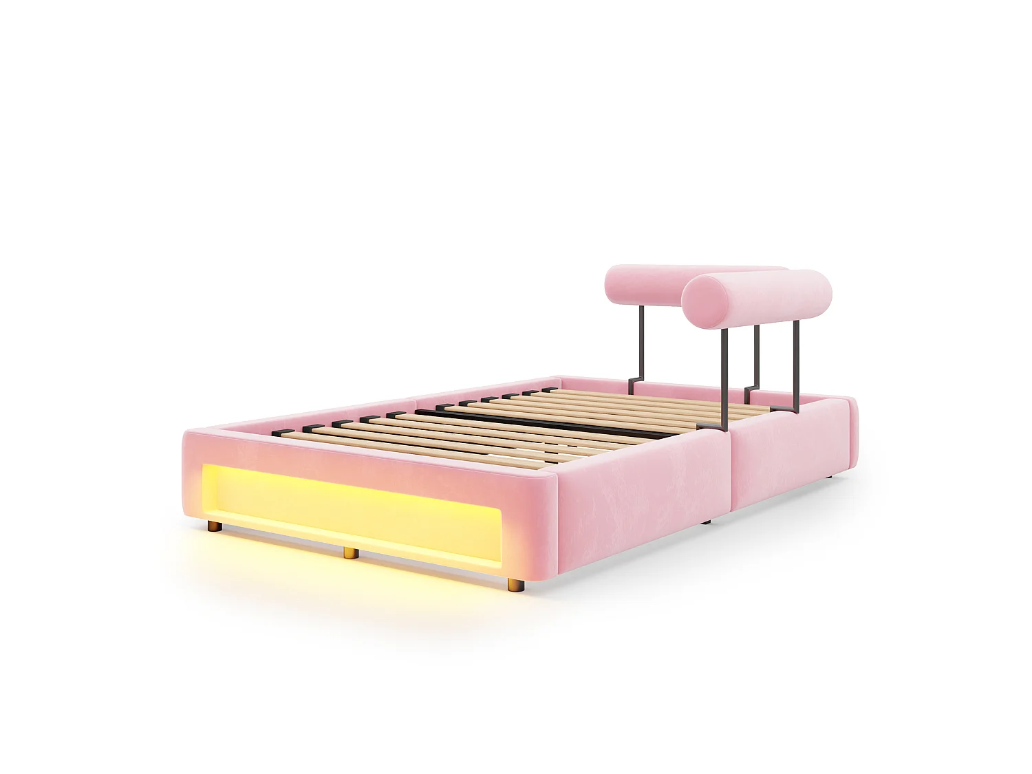Lit rembourré 140 x 200 cm – Dossier réglable sur 4 niveaux – Avec éclairage LED – rose (matelas non inclus)