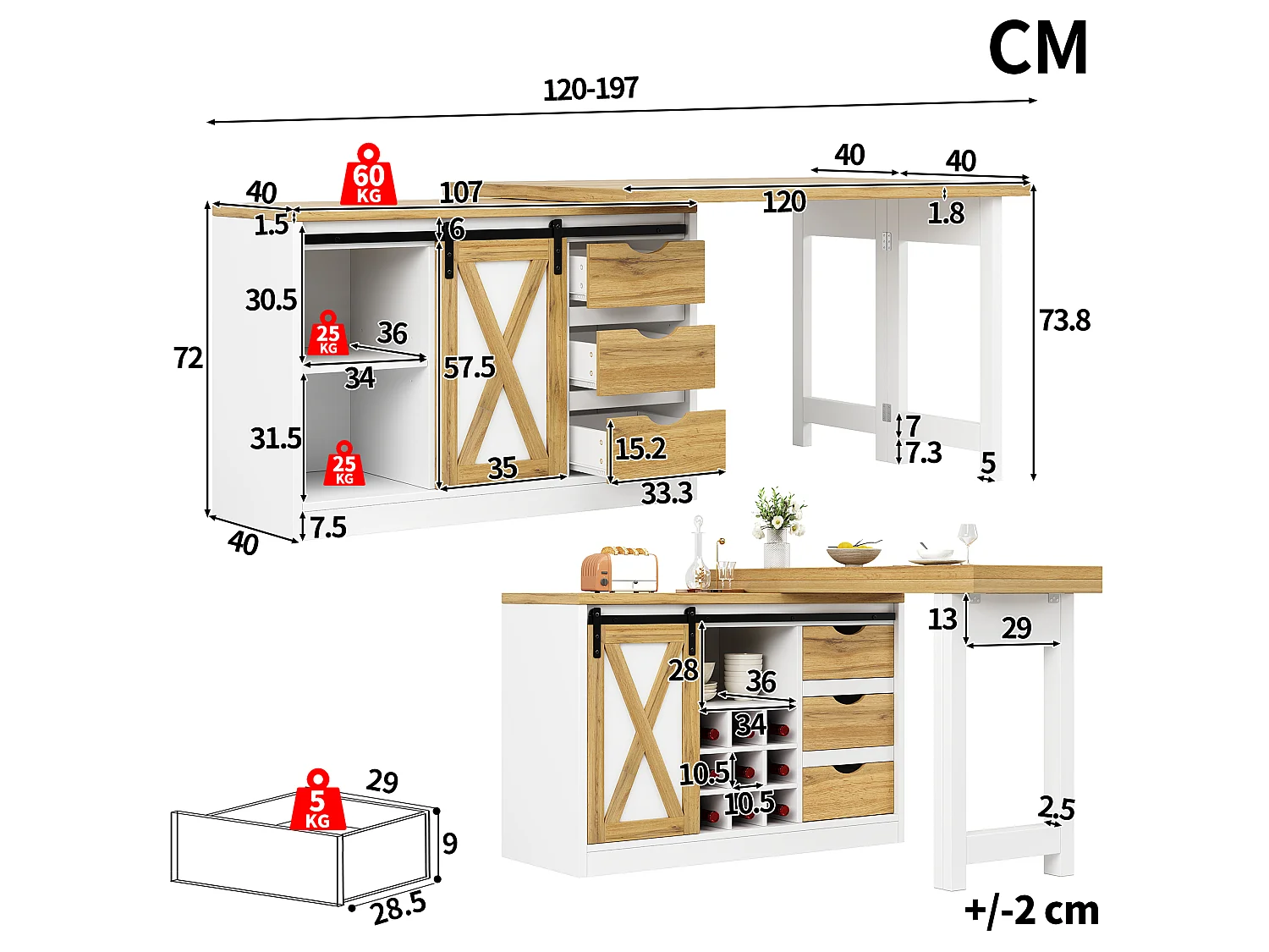 Kücheninsel 120-197cm - Küchenmöbel mit ausziehbarem, frei positionierbarem Tisch, Klappgriff-Tür und Stauraum - Weiß