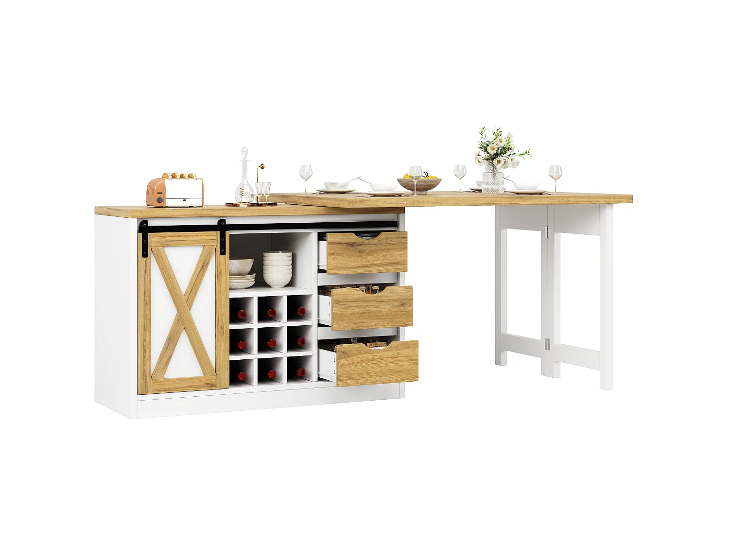 Kücheninsel 120-197cm - Küchenmöbel mit ausziehbarem, frei positionierbarem Tisch, Klappgriff-Tür und Stauraum - Weiß