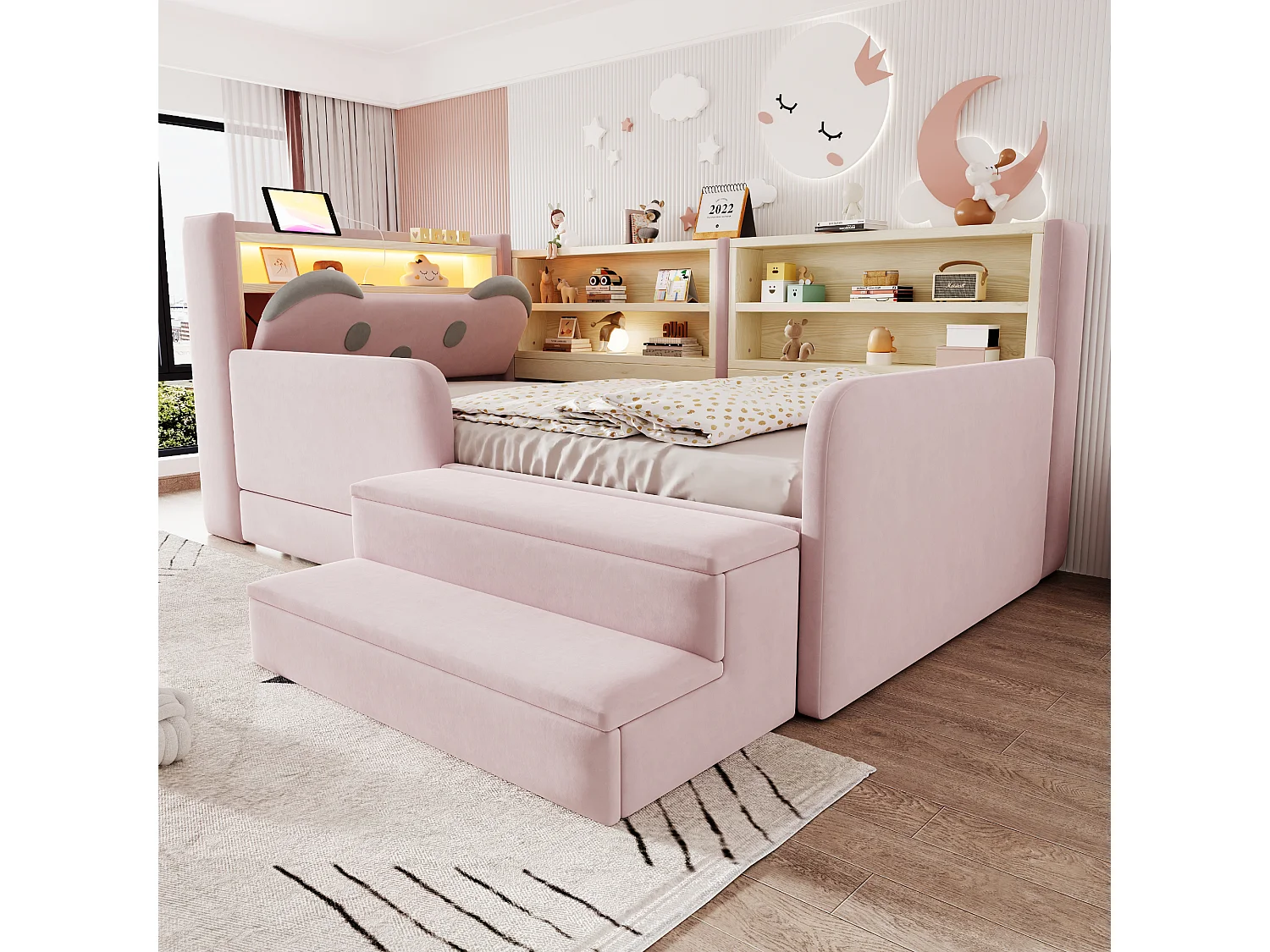 Lit rembourré enfant 90 x 200 cm – Tête de lit avec rangement – Inclut éclairage LED et port USB – Rose (matelas non inclus)