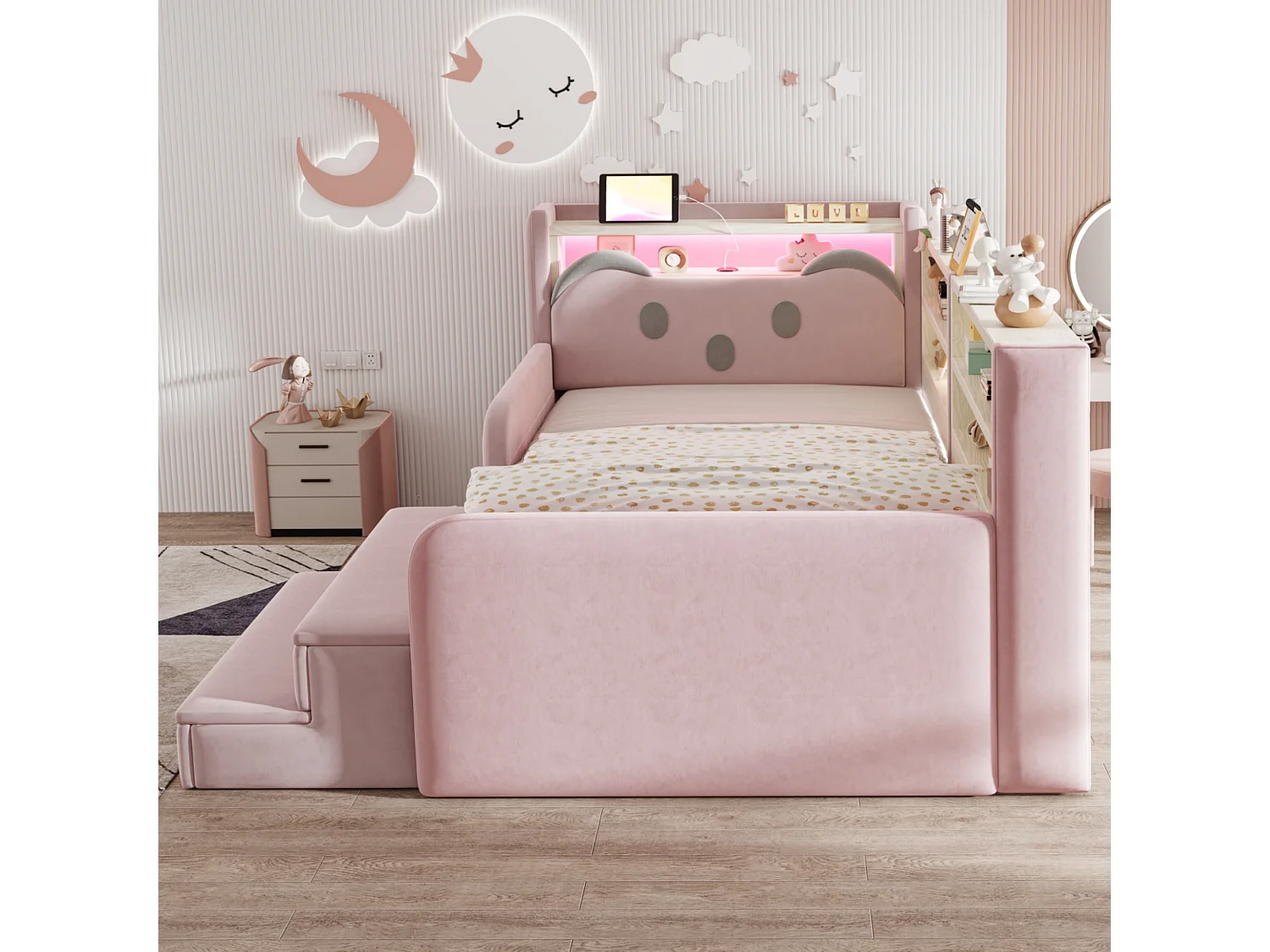 Lit rembourré enfant 90 x 200 cm – Tête de lit avec rangement – Inclut éclairage LED et port USB – Rose (matelas non inclus)