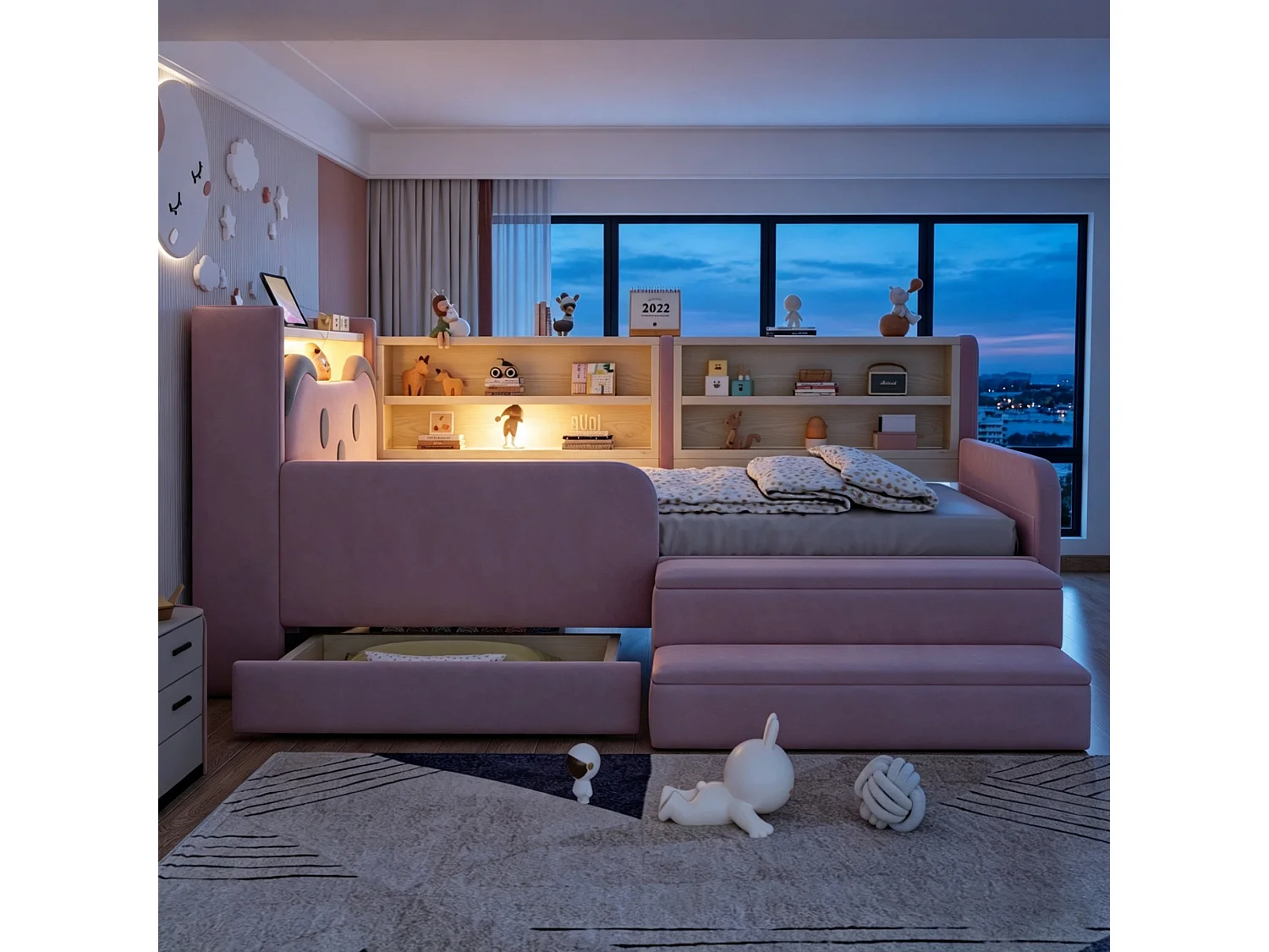 Lit rembourré enfant 90 x 200 cm – Tête de lit avec rangement – Inclut éclairage LED et port USB – Rose (matelas non inclus)