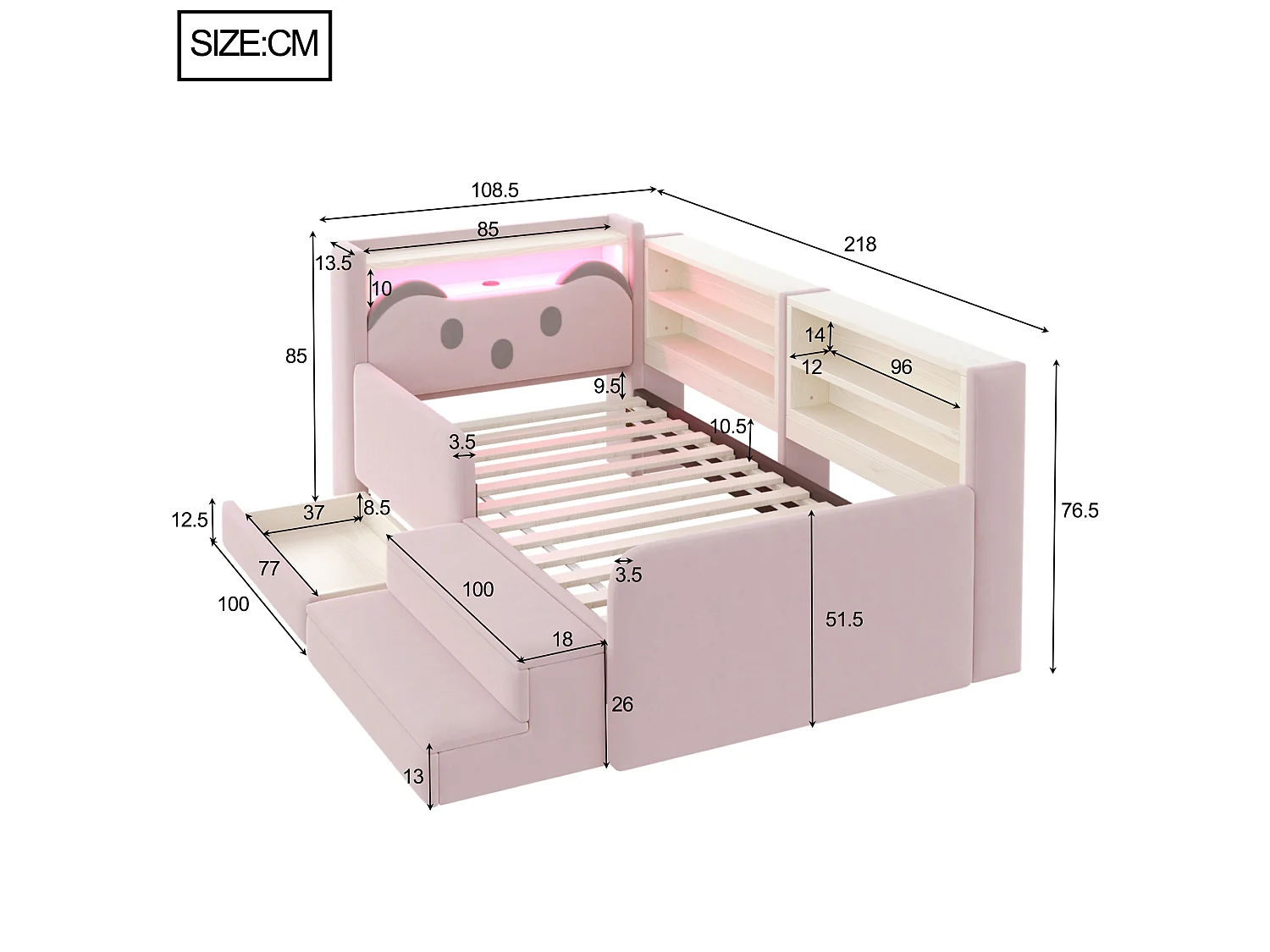 Lit rembourré enfant 90 x 200 cm – Tête de lit avec rangement – Inclut éclairage LED et port USB – Rose (matelas non inclus)