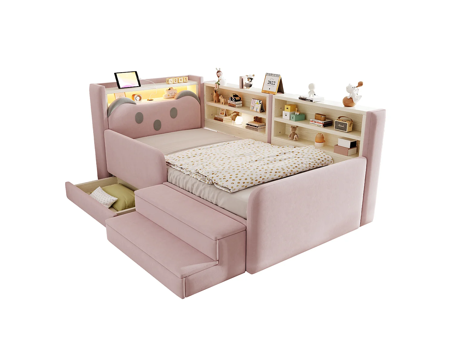 Lit rembourré enfant 90 x 200 cm – Tête de lit avec rangement – Inclut éclairage LED et port USB – Rose (matelas non inclus)