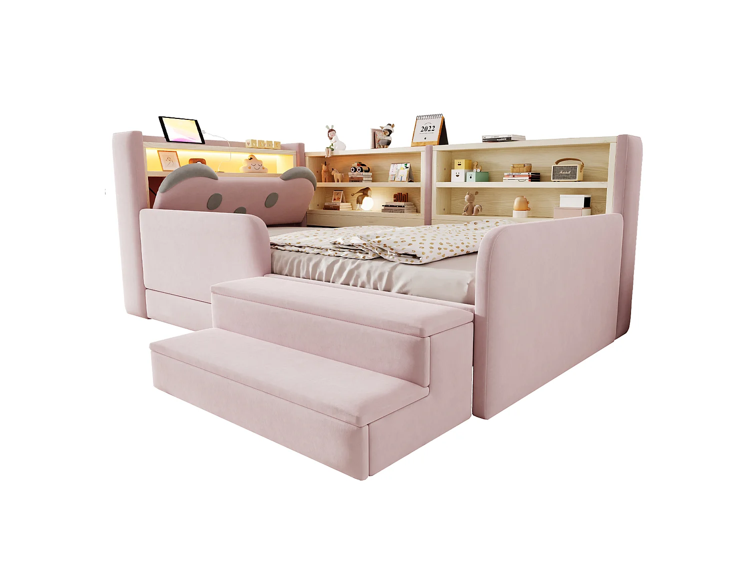 Lit rembourré enfant 90 x 200 cm – Tête de lit avec rangement – Inclut éclairage LED et port USB – Rose (matelas non inclus)