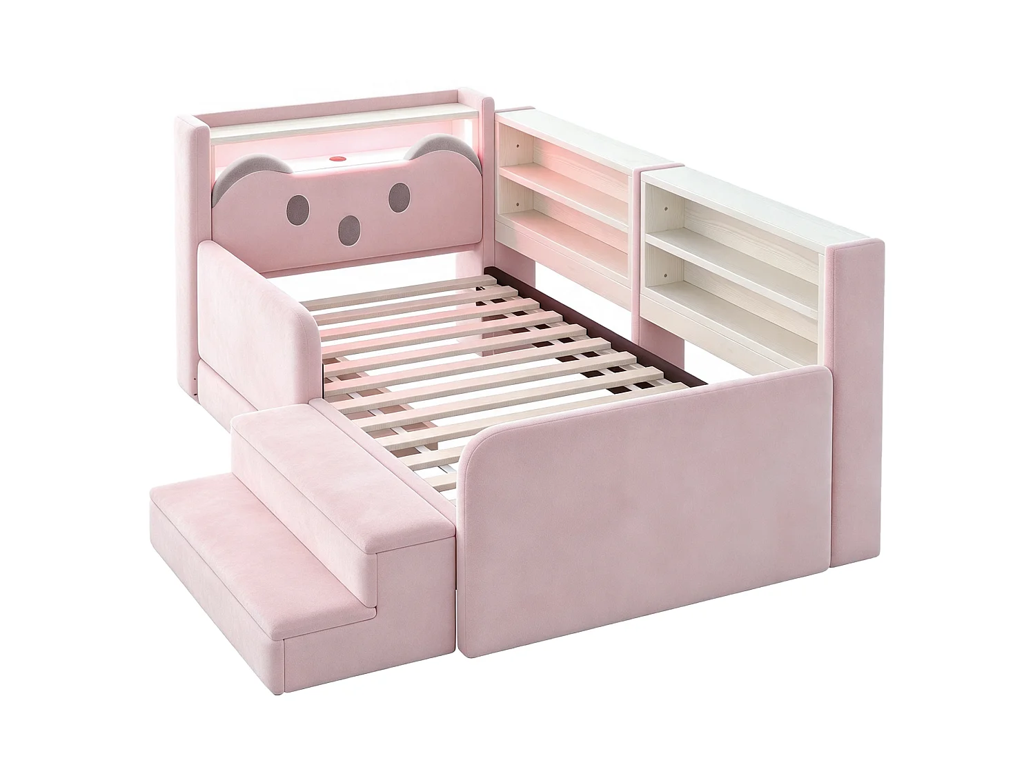 Lit rembourré enfant 90 x 200 cm – Tête de lit avec rangement – Inclut éclairage LED et port USB – Rose (matelas non inclus)