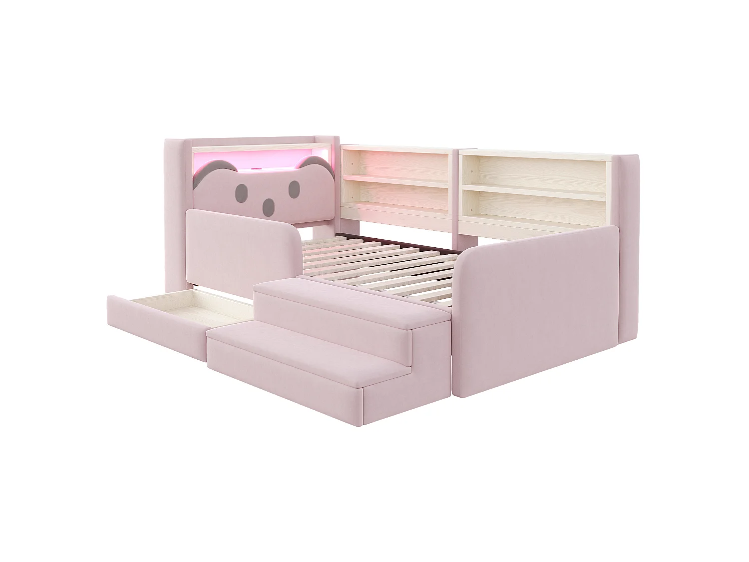 Lit rembourré enfant 90 x 200 cm – Tête de lit avec rangement – Inclut éclairage LED et port USB – Rose (matelas non inclus)