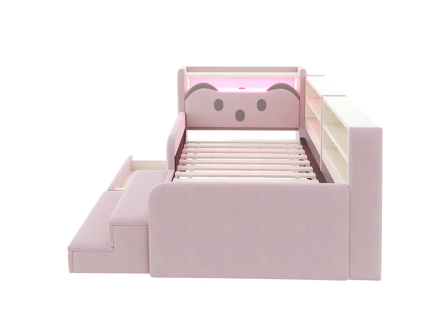 Lit rembourré enfant 90 x 200 cm – Tête de lit avec rangement – Inclut éclairage LED et port USB – Rose (matelas non inclus)