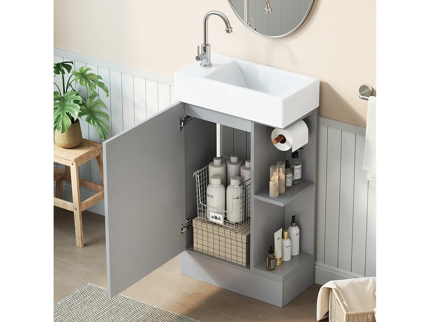Meuble de Salle de Bain 46cm - Meuble Sous-Vasque Sur Pied avec Vasque Céramique, Portes Cannelées, Étagères Latérales et Porte-Papier - Gris