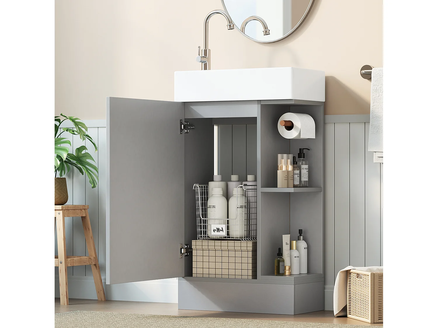 Meuble de Salle de Bain 46cm - Meuble Sous-Vasque Sur Pied avec Vasque Céramique, Portes Cannelées, Étagères Latérales et Porte-Papier - Gris