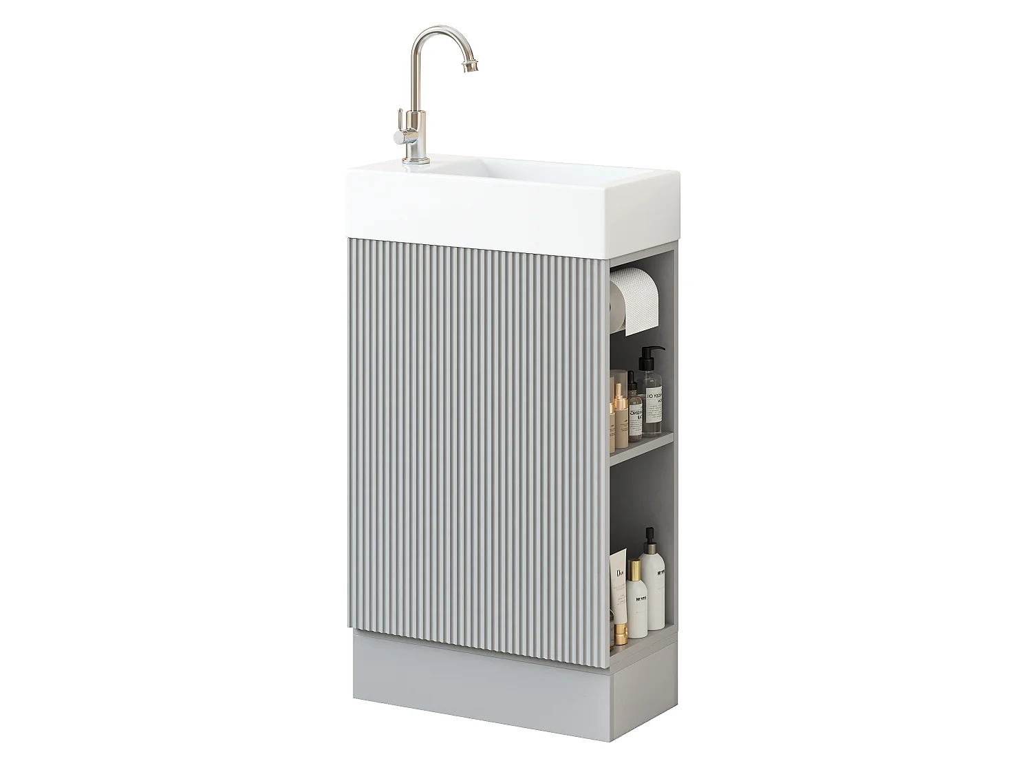 Meuble de Salle de Bain 46cm - Meuble Sous-Vasque Sur Pied avec Vasque Céramique, Portes Cannelées, Étagères Latérales et Porte-Papier - Gris