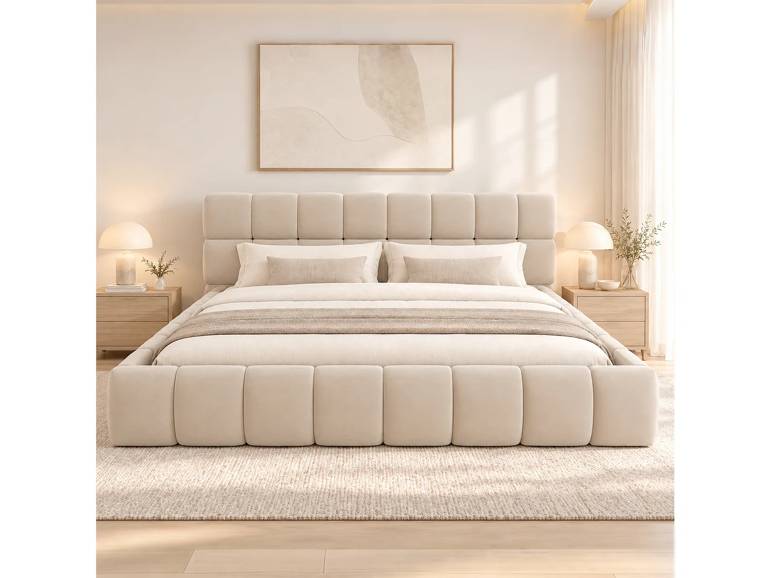 Säng med stoppning 160 x 200 cm – Med mjukt huvudändestöd – Sammet – Beige (Madrass ingår ej)