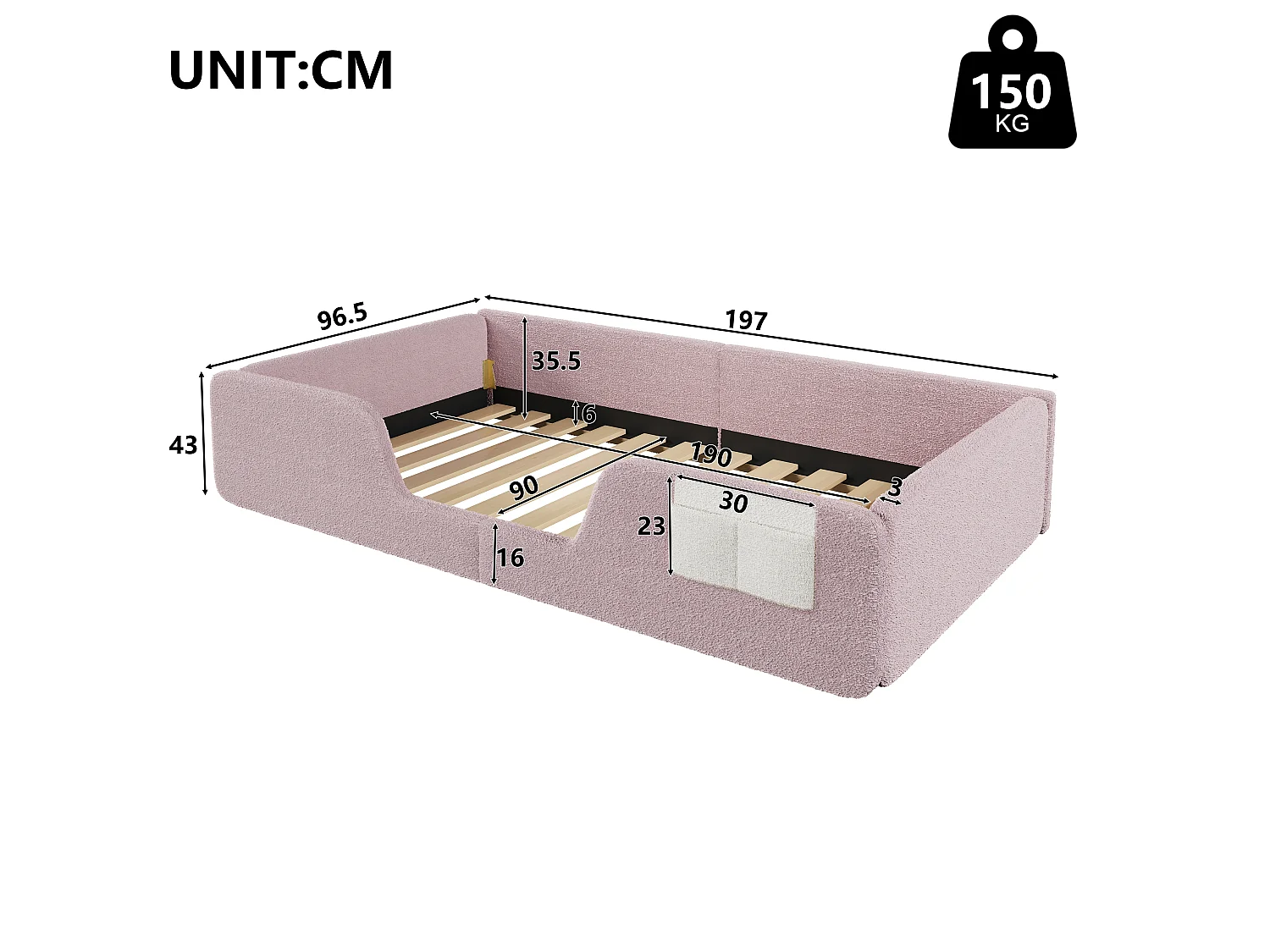 Lit rembourré pour enfant 90 x 190 cm – Avec barrière de sécurité amovible – Poche de rangement en tissu – Revêtement en velours – Rose (matelas non inclus)