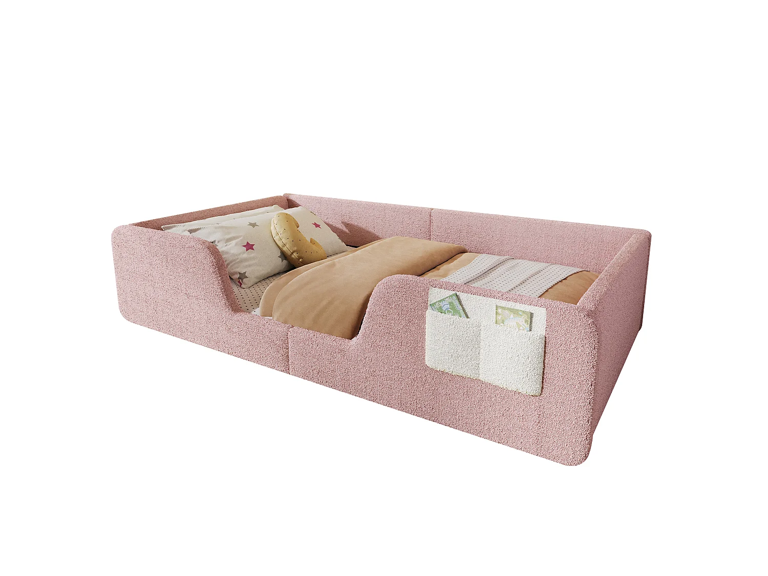 Lit rembourré pour enfant 90 x 190 cm – Avec barrière de sécurité amovible – Poche de rangement en tissu – Revêtement en velours – Rose (matelas non inclus)