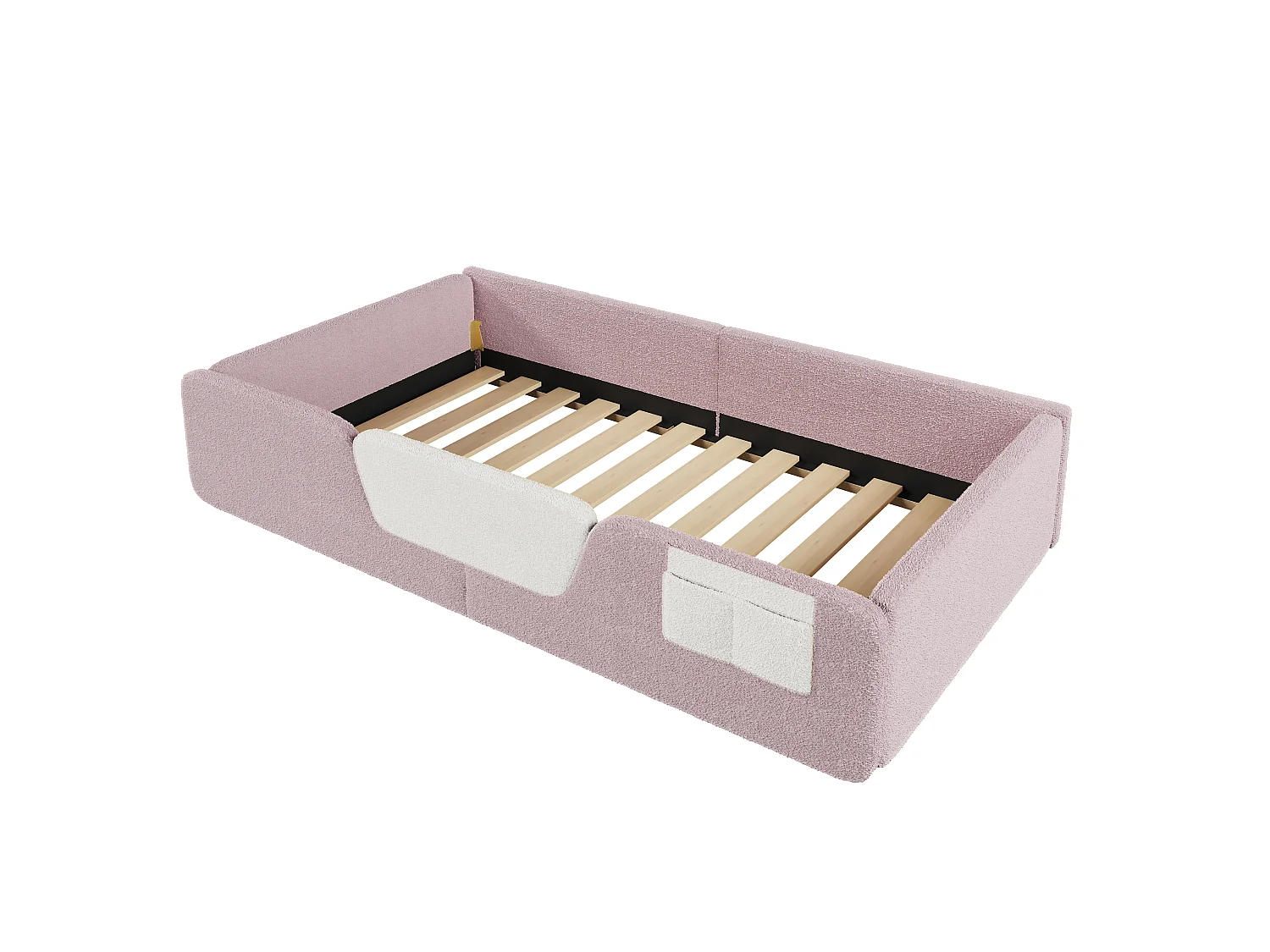 Lit rembourré pour enfant 90 x 190 cm – Avec barrière de sécurité amovible – Poche de rangement en tissu – Revêtement en velours – Rose (matelas non inclus)