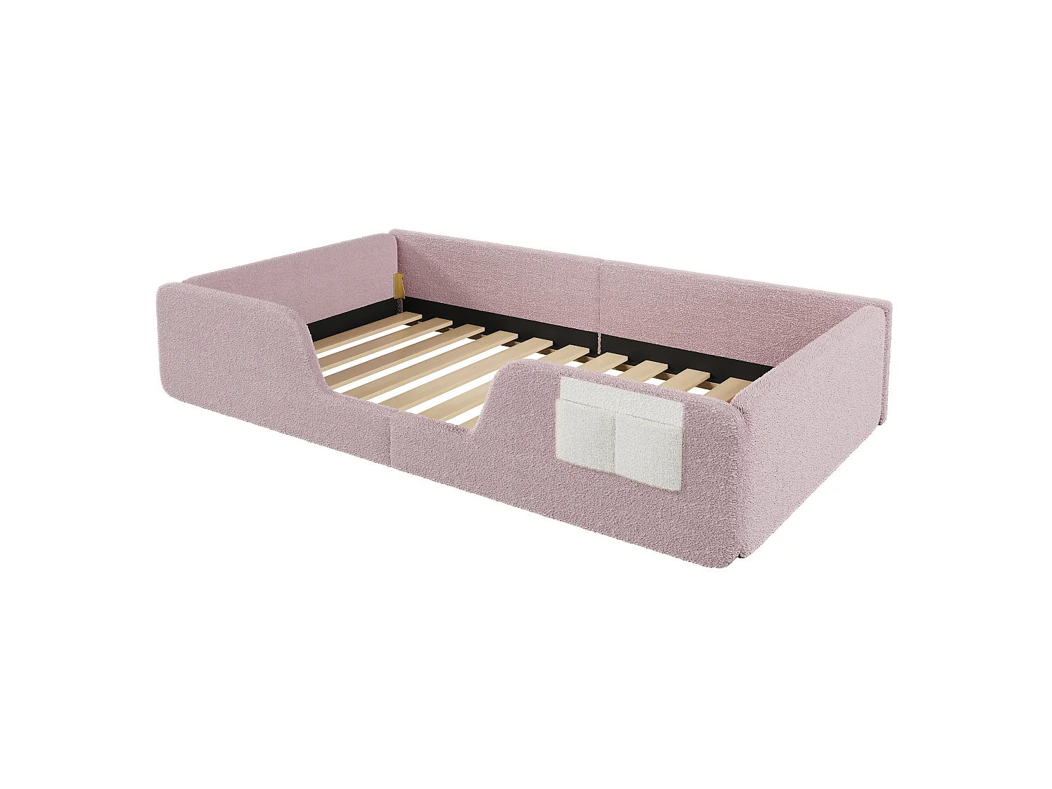 Lit rembourré pour enfant 90 x 190 cm – Avec barrière de sécurité amovible – Poche de rangement en tissu – Revêtement en velours – Rose (matelas non inclus)