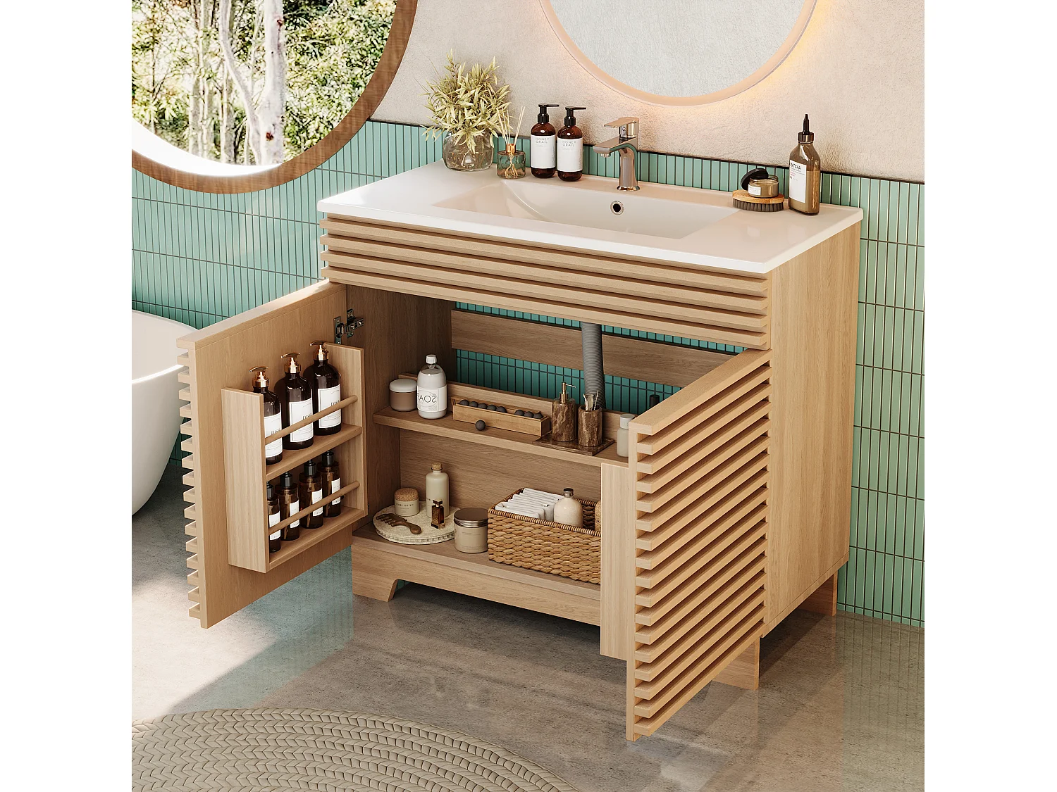 Meuble de salle de bain sur pied - Lavabo intégré - Avec 2 portes et étagères intégrées - Pieds hauts - MDF - Naturel