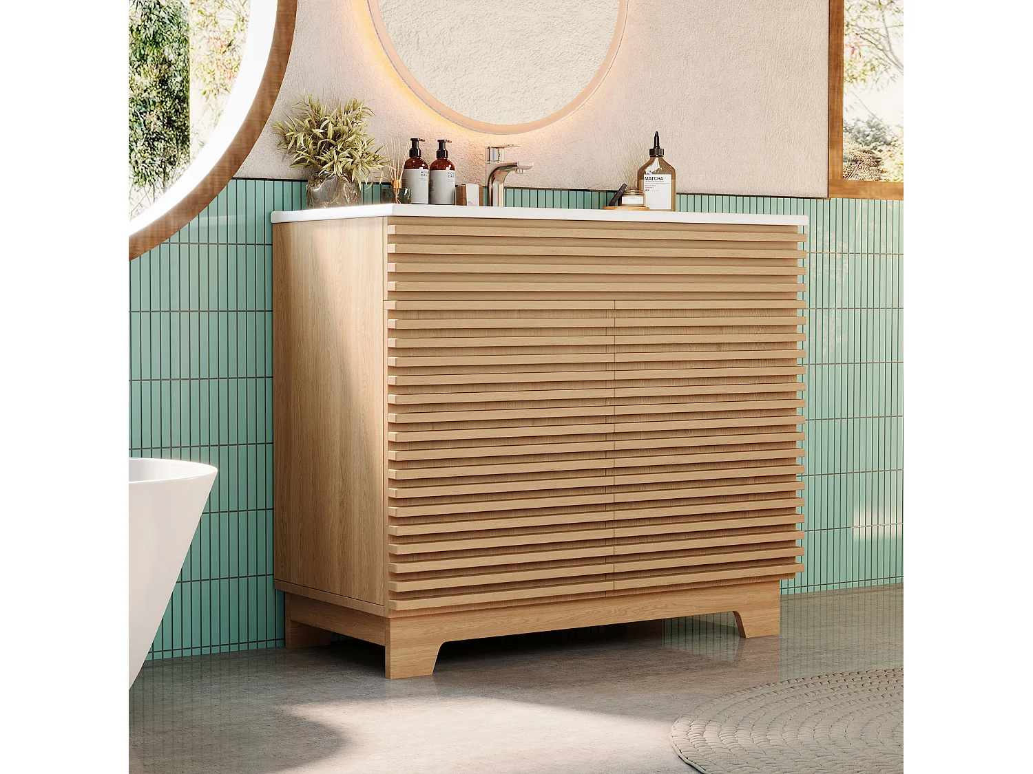 Meuble de salle de bain sur pied - Lavabo intégré - Avec 2 portes et étagères intégrées - Pieds hauts - MDF - Naturel