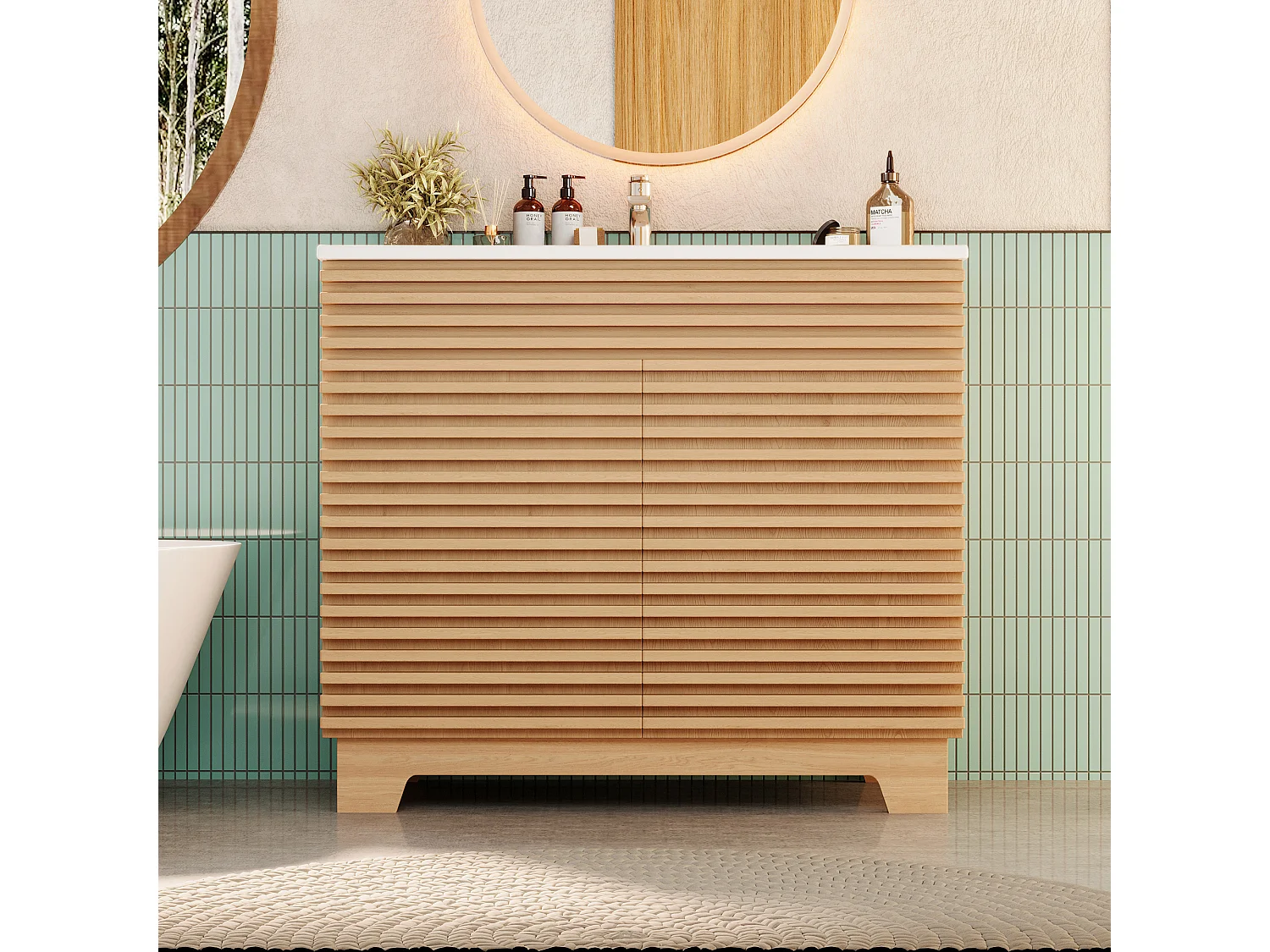 Meuble de salle de bain sur pied - Lavabo intégré - Avec 2 portes et étagères intégrées - Pieds hauts - MDF - Naturel