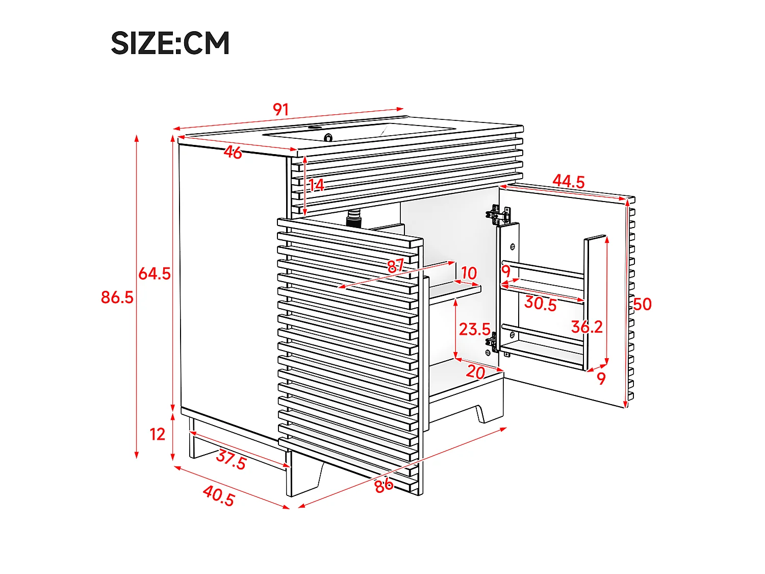 Meuble de salle de bain sur pied - Lavabo intégré - Avec 2 portes et étagères intégrées - Pieds hauts - MDF - Naturel