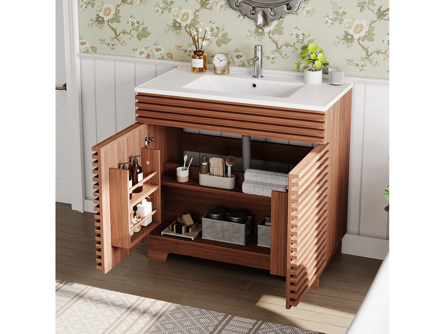 Meuble de salle de bain sur pied - Lavabo intégré - Avec 2 portes et étagères - Pieds hauts - MDF - Marron