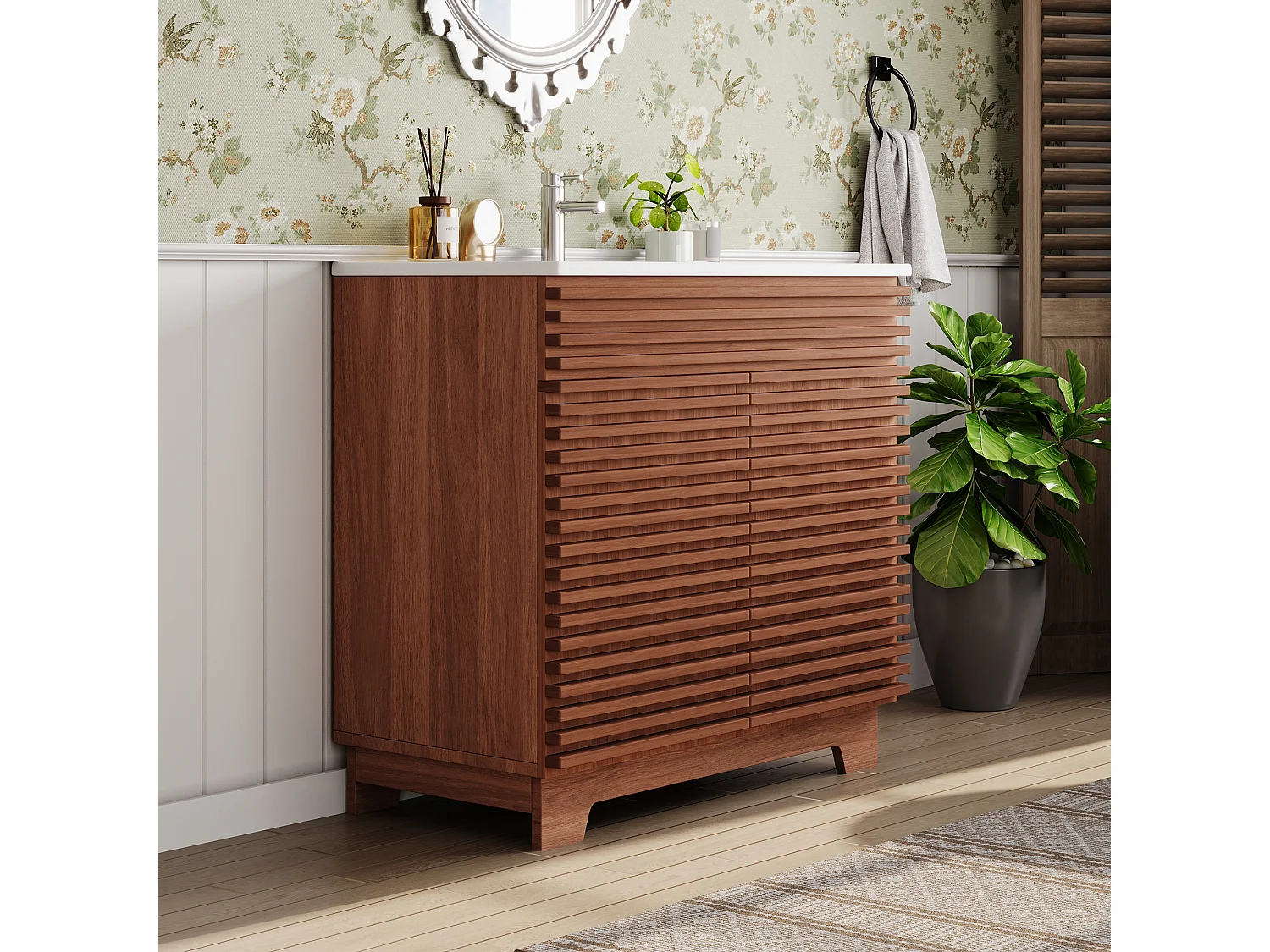 Meuble de salle de bain sur pied - Lavabo intégré - Avec 2 portes et étagères - Pieds hauts - MDF - Marron