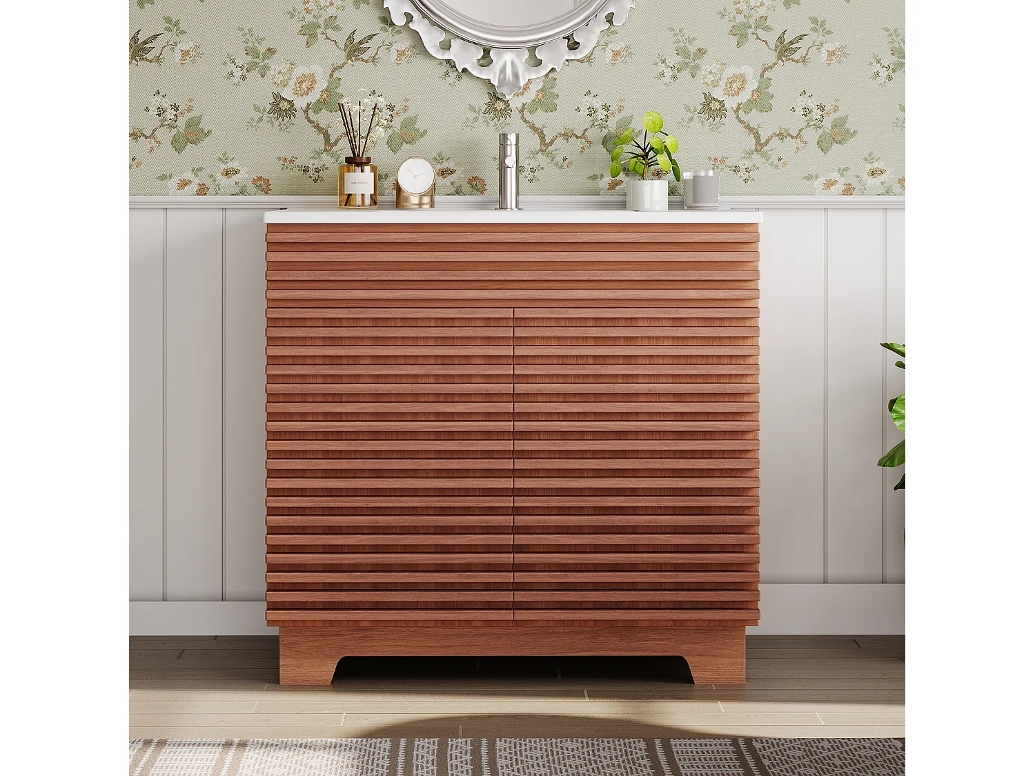 Meuble de salle de bain sur pied - Lavabo intégré - Avec 2 portes et étagères - Pieds hauts - MDF - Marron
