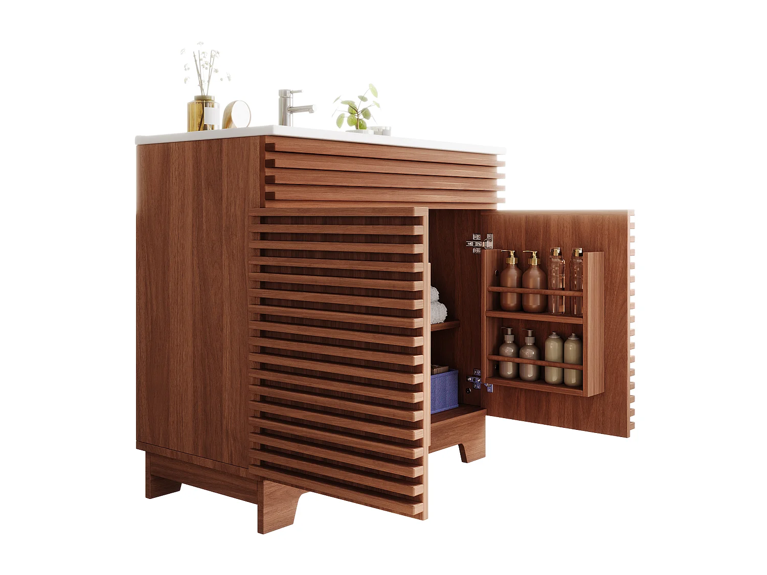 Meuble de salle de bain sur pied - Lavabo intégré - Avec 2 portes et étagères - Pieds hauts - MDF - Marron