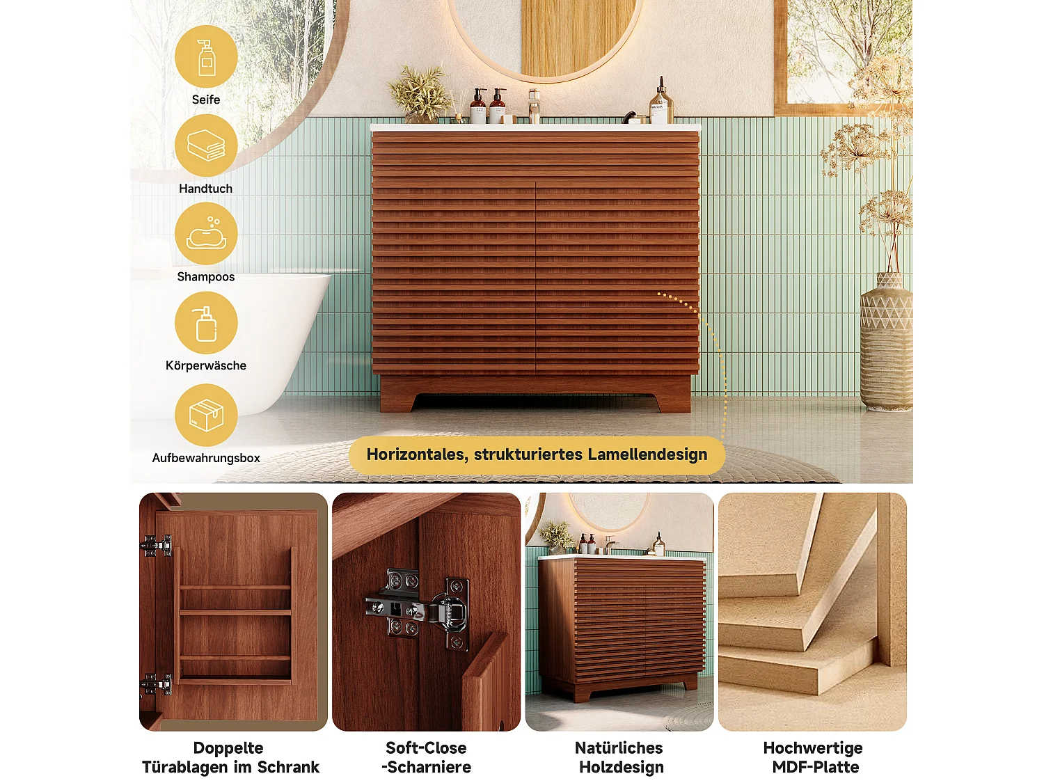 Meuble de salle de bain sur pied - Lavabo intégré - Avec 2 portes et étagères - Pieds hauts - MDF - Marron