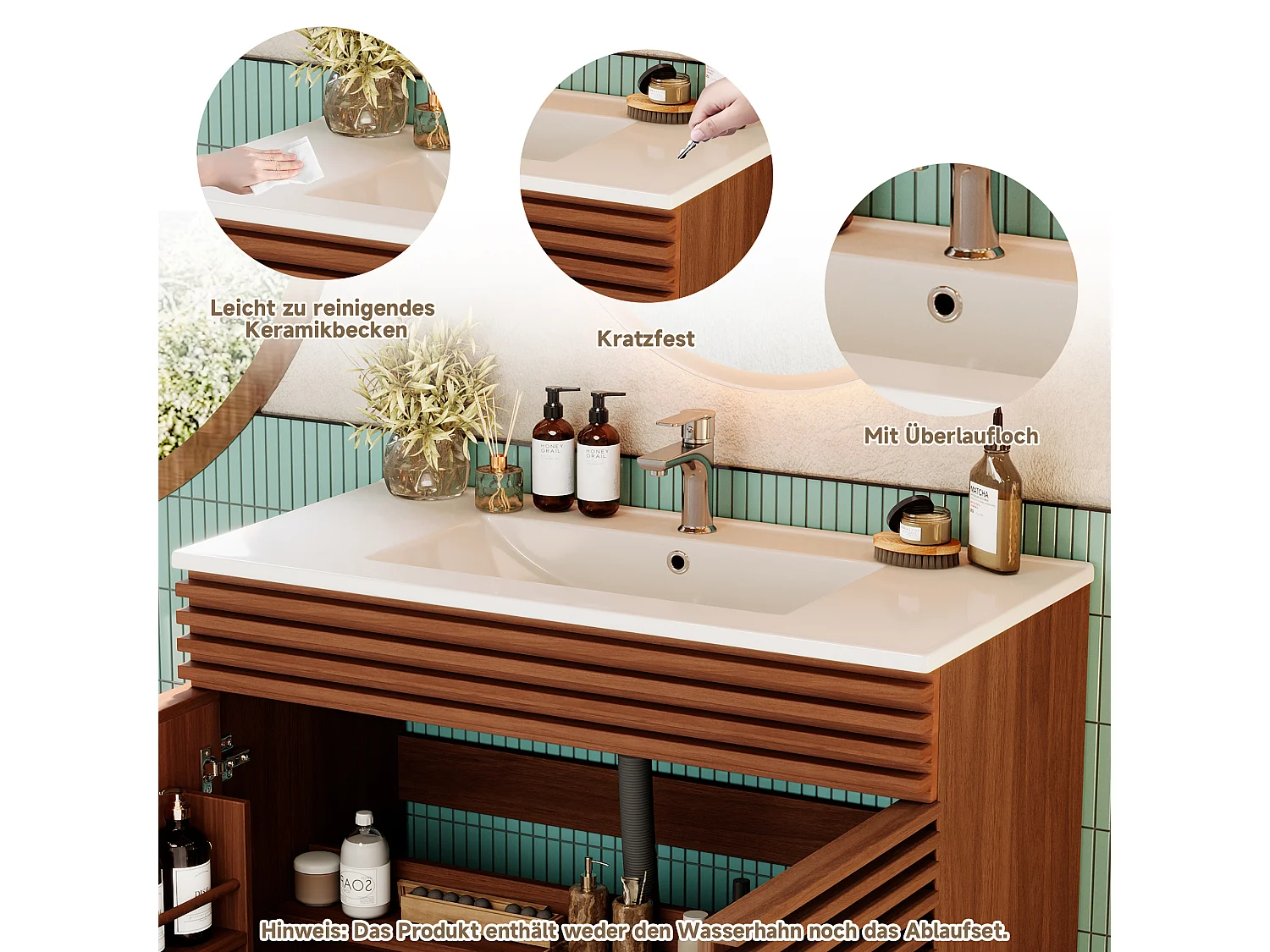 Meuble de salle de bain sur pied - Lavabo intégré - Avec 2 portes et étagères - Pieds hauts - MDF - Marron