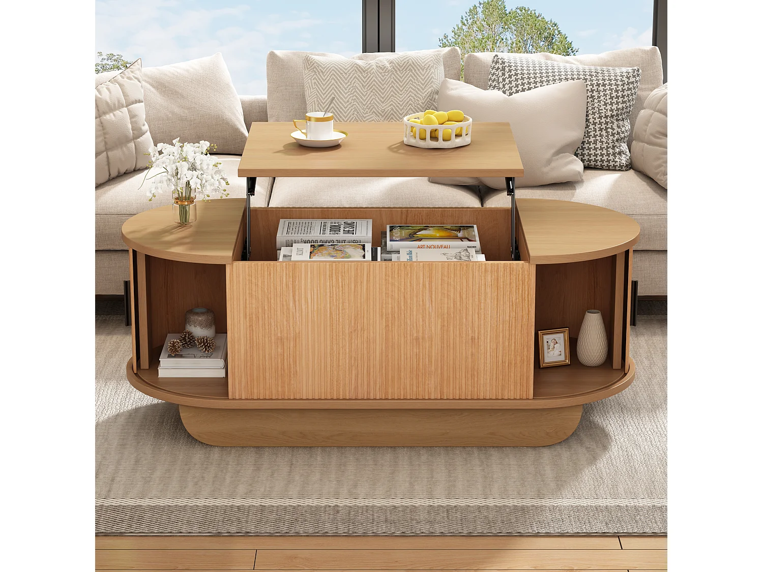 Table basse relevable 110x50x42 cm - Hauteur relevable jusqu'à 55.5 cm - 2 portes coulissantes à lattes - Naturel