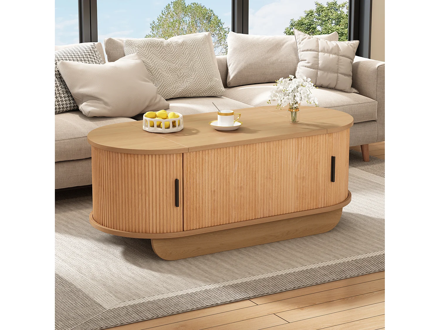 Table basse relevable 110x50x42 cm - Hauteur relevable jusqu'à 55.5 cm - 2 portes coulissantes à lattes - Naturel