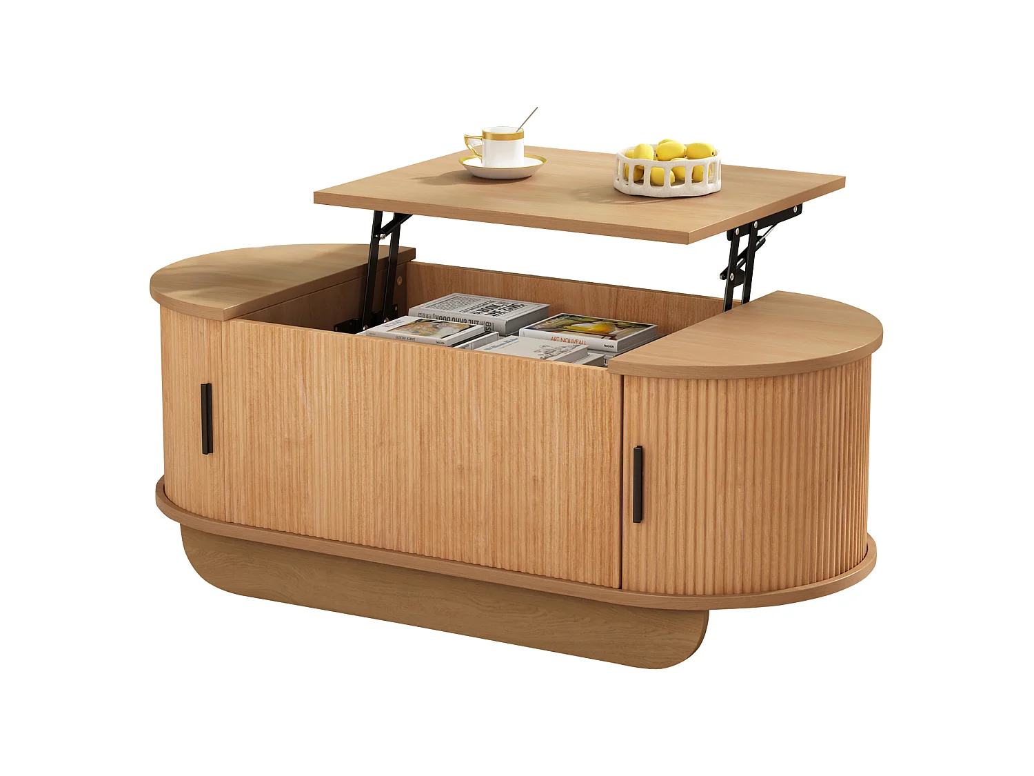 Table basse relevable 110x50x42 cm - Hauteur relevable jusqu'à 55.5 cm - 2 portes coulissantes à lattes - Naturel