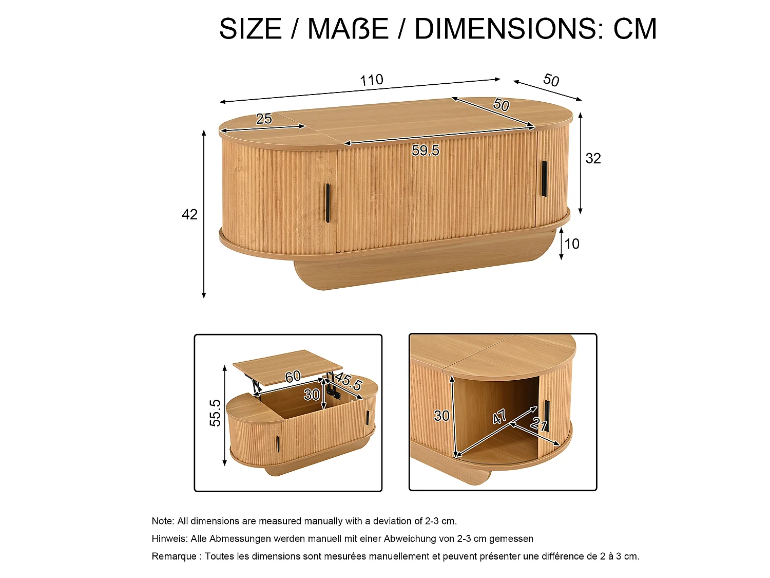 Table basse relevable 110x50x42 cm - Hauteur relevable jusqu'à 55.5 cm - 2 portes coulissantes à lattes - Naturel