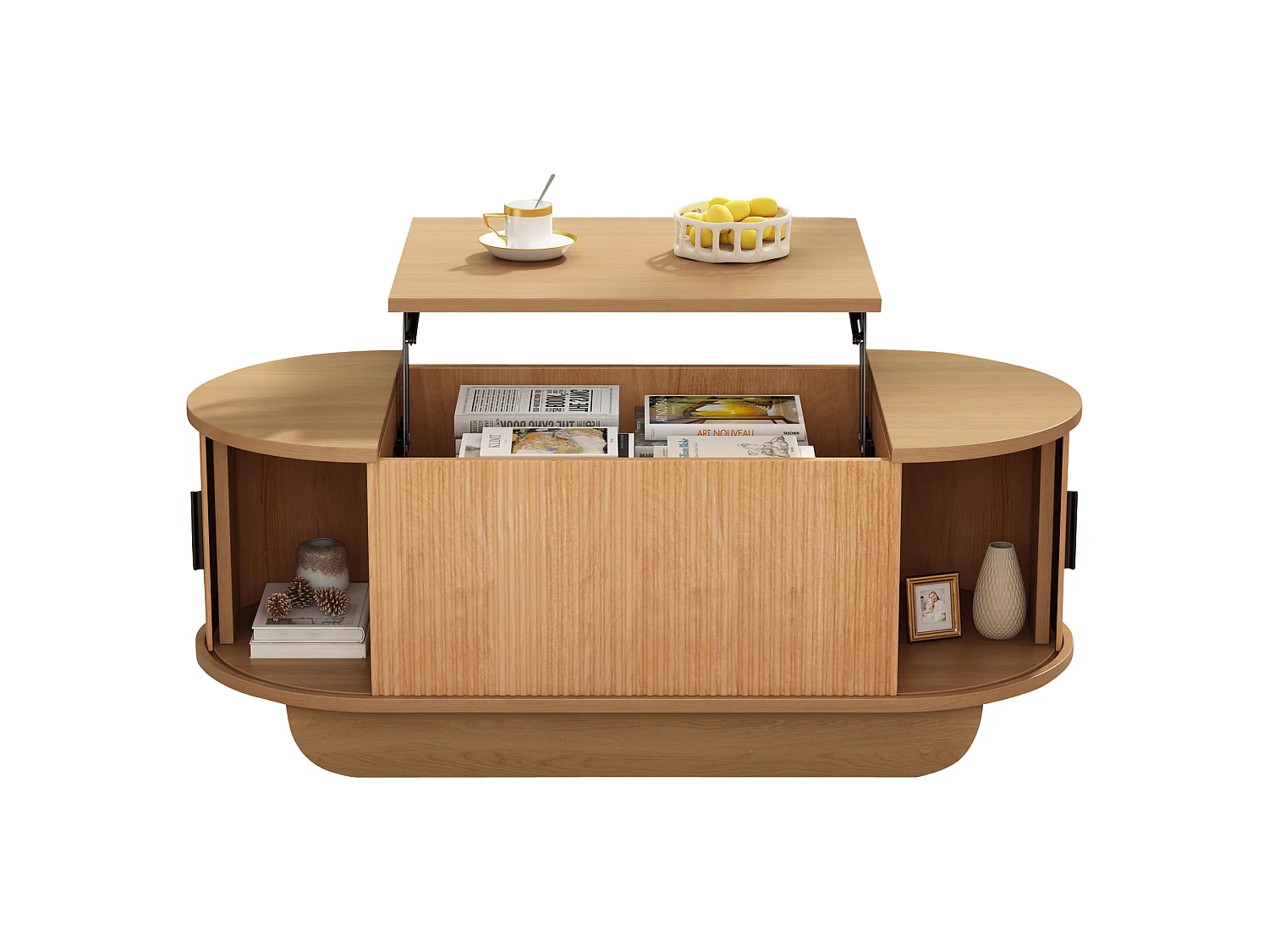 Table basse relevable 110x50x42 cm - Hauteur relevable jusqu'à 55.5 cm - 2 portes coulissantes à lattes - Naturel