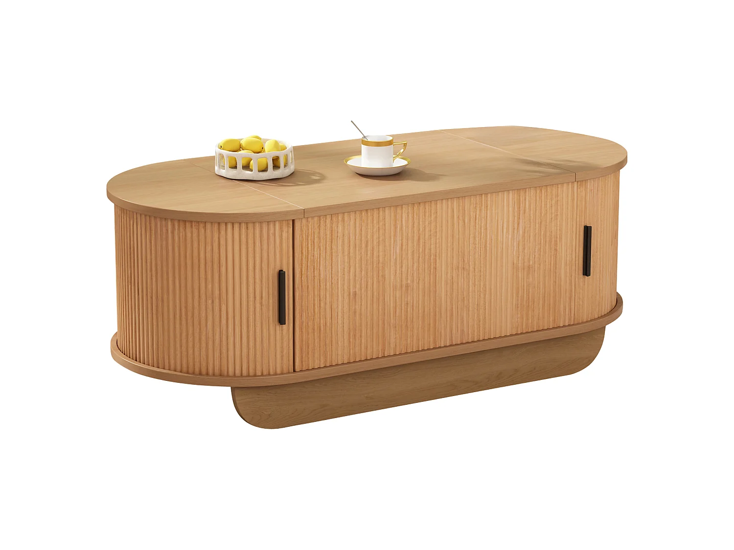 Table basse relevable 110x50x42 cm - Hauteur relevable jusqu'à 55.5 cm - 2 portes coulissantes à lattes - Naturel