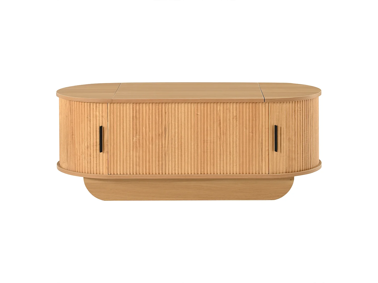 Table basse relevable 110x50x42 cm - Hauteur relevable jusqu'à 55.5 cm - 2 portes coulissantes à lattes - Naturel