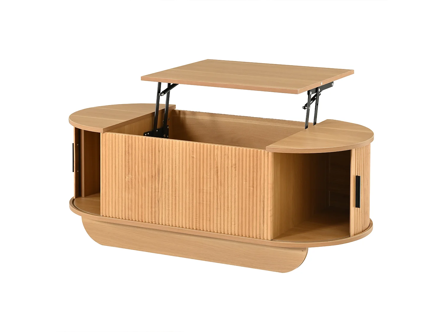 Table basse relevable 110x50x42 cm - Hauteur relevable jusqu'à 55.5 cm - 2 portes coulissantes à lattes - Naturel