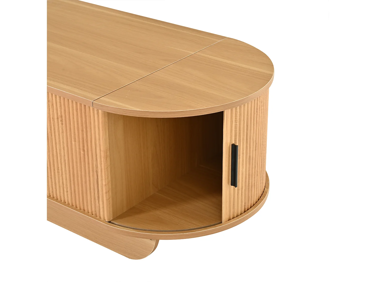 Table basse relevable 110x50x42 cm - Hauteur relevable jusqu'à 55.5 cm - 2 portes coulissantes à lattes - Naturel