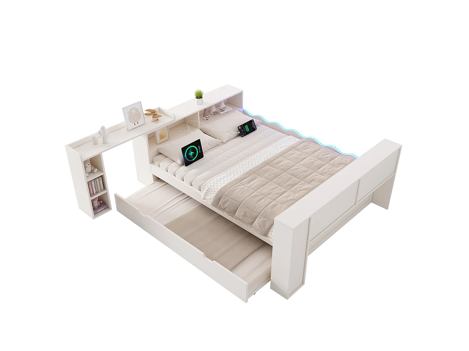 Sofá cama 140x200cm - con cama nido - con iluminación LED y tomas de carga - con escritorio extensible - blanco (colchón no incluido)