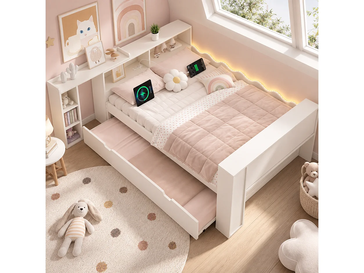 Sofá cama 140x200cm - con cama nido - con iluminación LED y tomas de carga - con escritorio extensible - blanco (colchón no incluido)