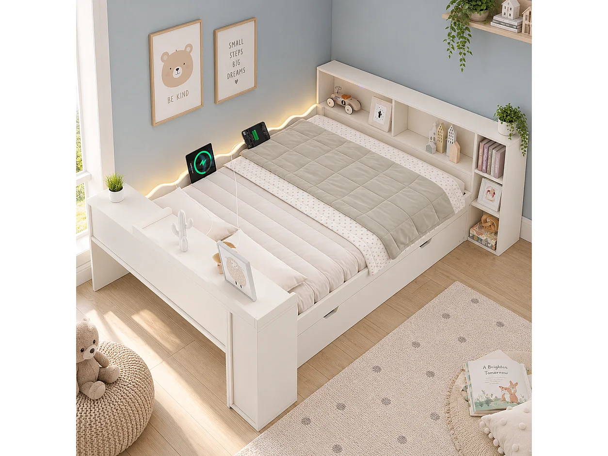 Sofá cama 140x200cm - con cama nido - con iluminación LED y tomas de carga - con escritorio extensible - blanco (colchón no incluido)
