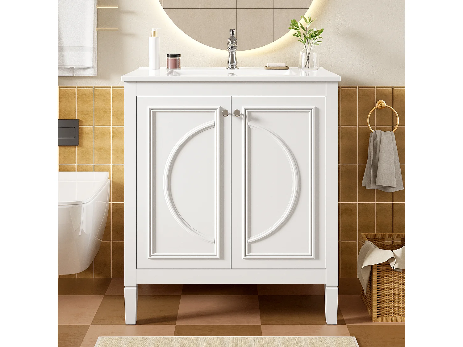 Mobile bagno con lavabo in ceramica 76x46,5x88,5 cm - 1 cassetto e 2 ante - Finitura laccata - Ripiano regolabile - Bianco