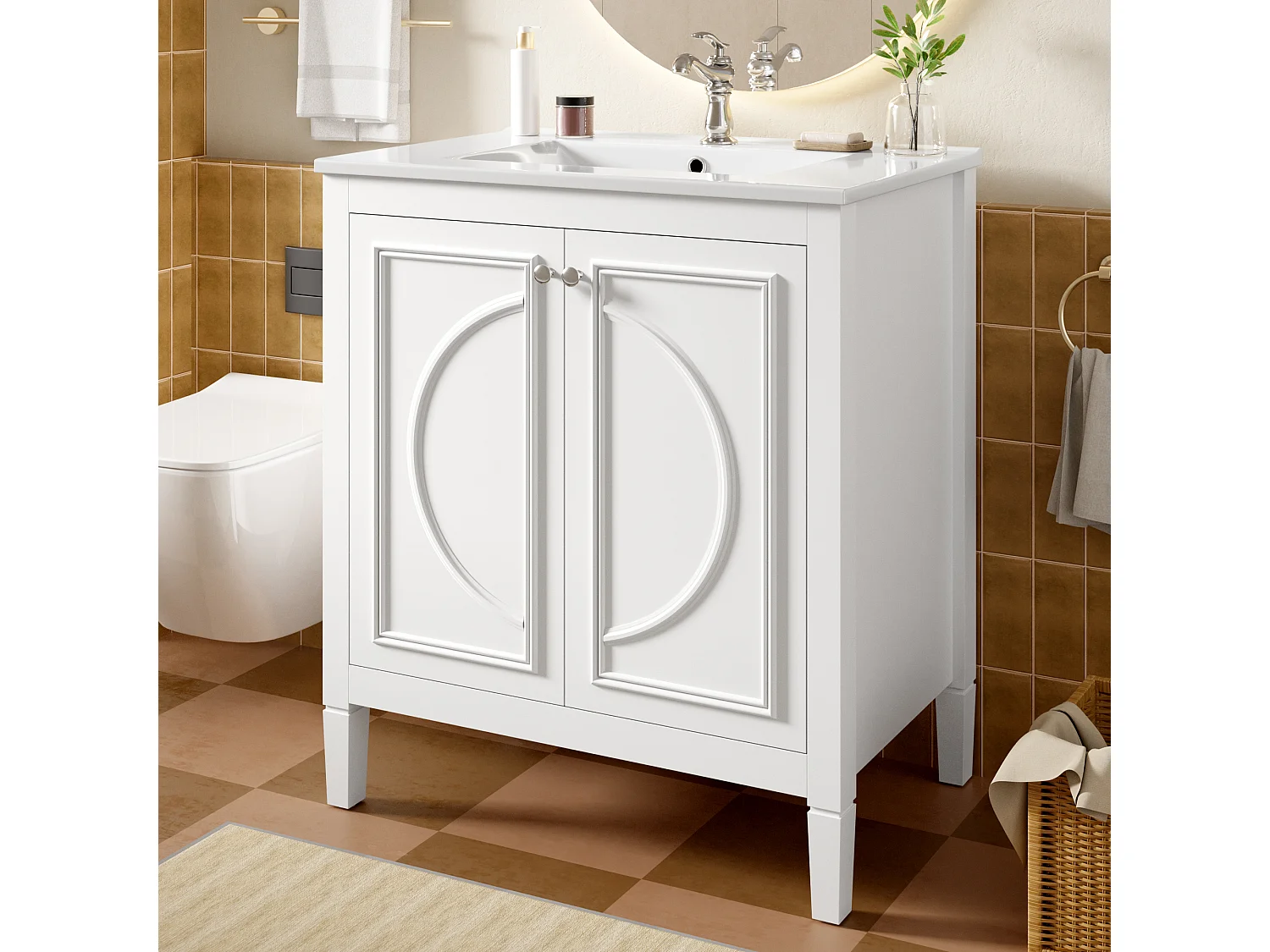 Mobile bagno con lavabo in ceramica 76x46,5x88,5 cm - 1 cassetto e 2 ante - Finitura laccata - Ripiano regolabile - Bianco
