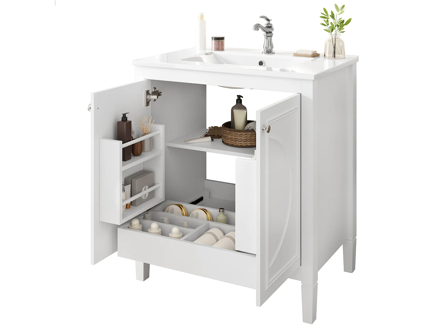 Mobile bagno con lavabo in ceramica 76x46,5x88,5 cm - 1 cassetto e 2 ante - Finitura laccata - Ripiano regolabile - Bianco