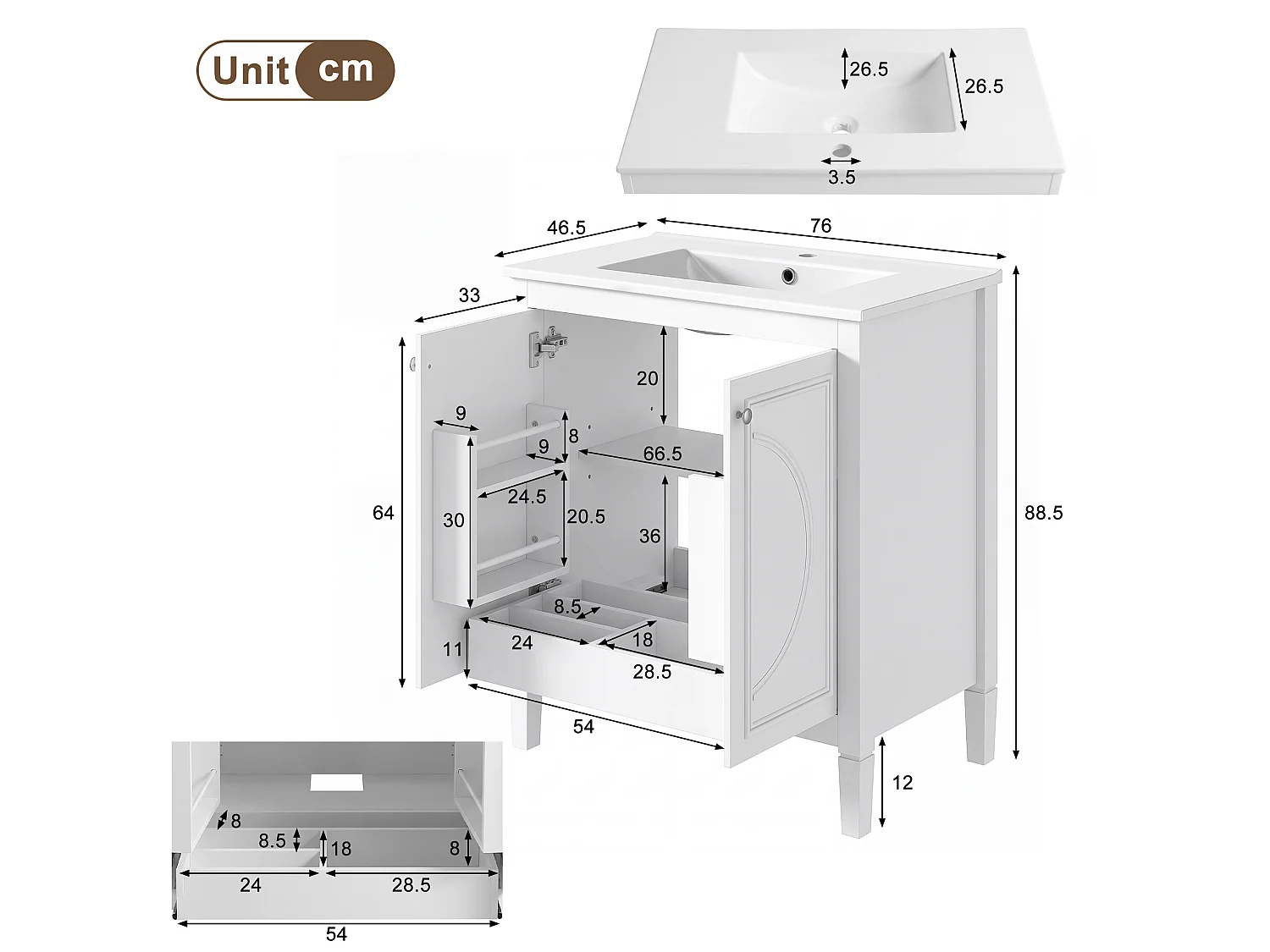 Mobile bagno con lavabo in ceramica 76x46,5x88,5 cm - 1 cassetto e 2 ante - Finitura laccata - Ripiano regolabile - Bianco