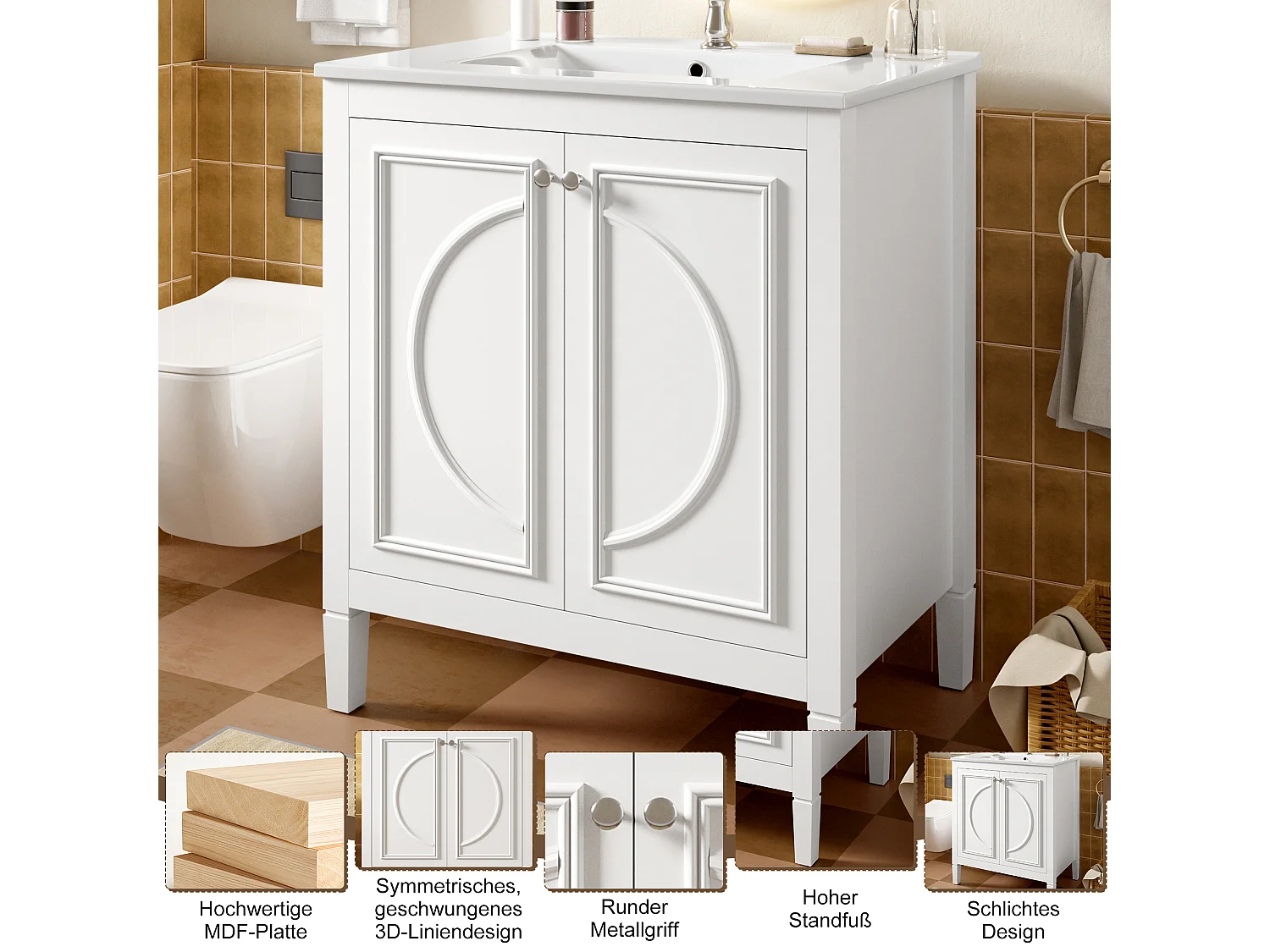 Mobile bagno con lavabo in ceramica 76x46,5x88,5 cm - 1 cassetto e 2 ante - Finitura laccata - Ripiano regolabile - Bianco