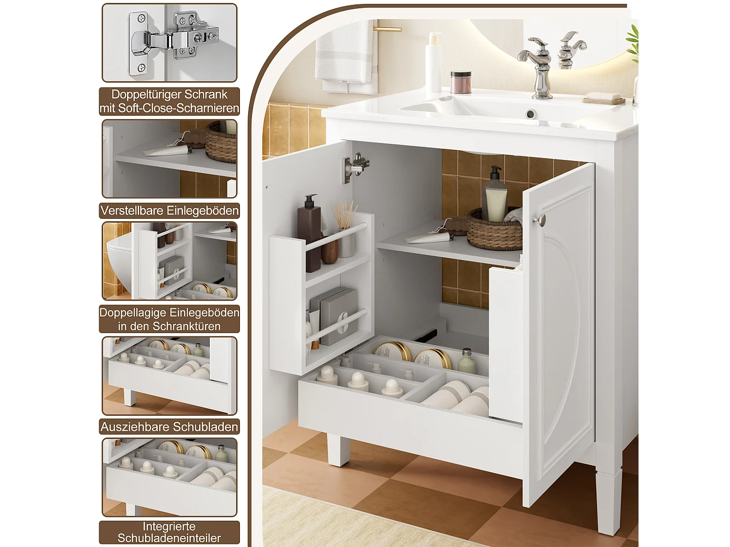 Mobile bagno con lavabo in ceramica 76x46,5x88,5 cm - 1 cassetto e 2 ante - Finitura laccata - Ripiano regolabile - Bianco